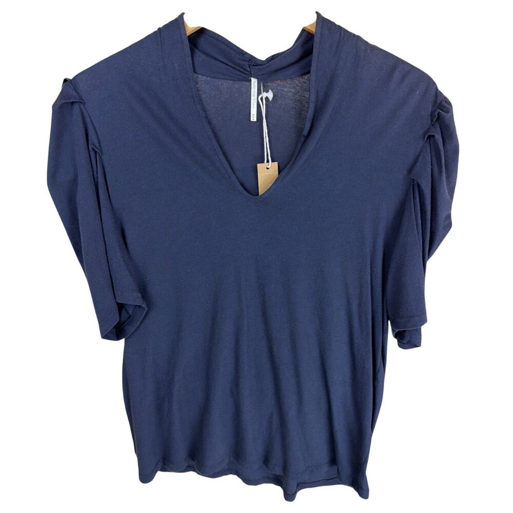 NWT Hello Nite Navy Blue V Neck Ruched Shoulder Short Sleeve Tee Shirt Size S